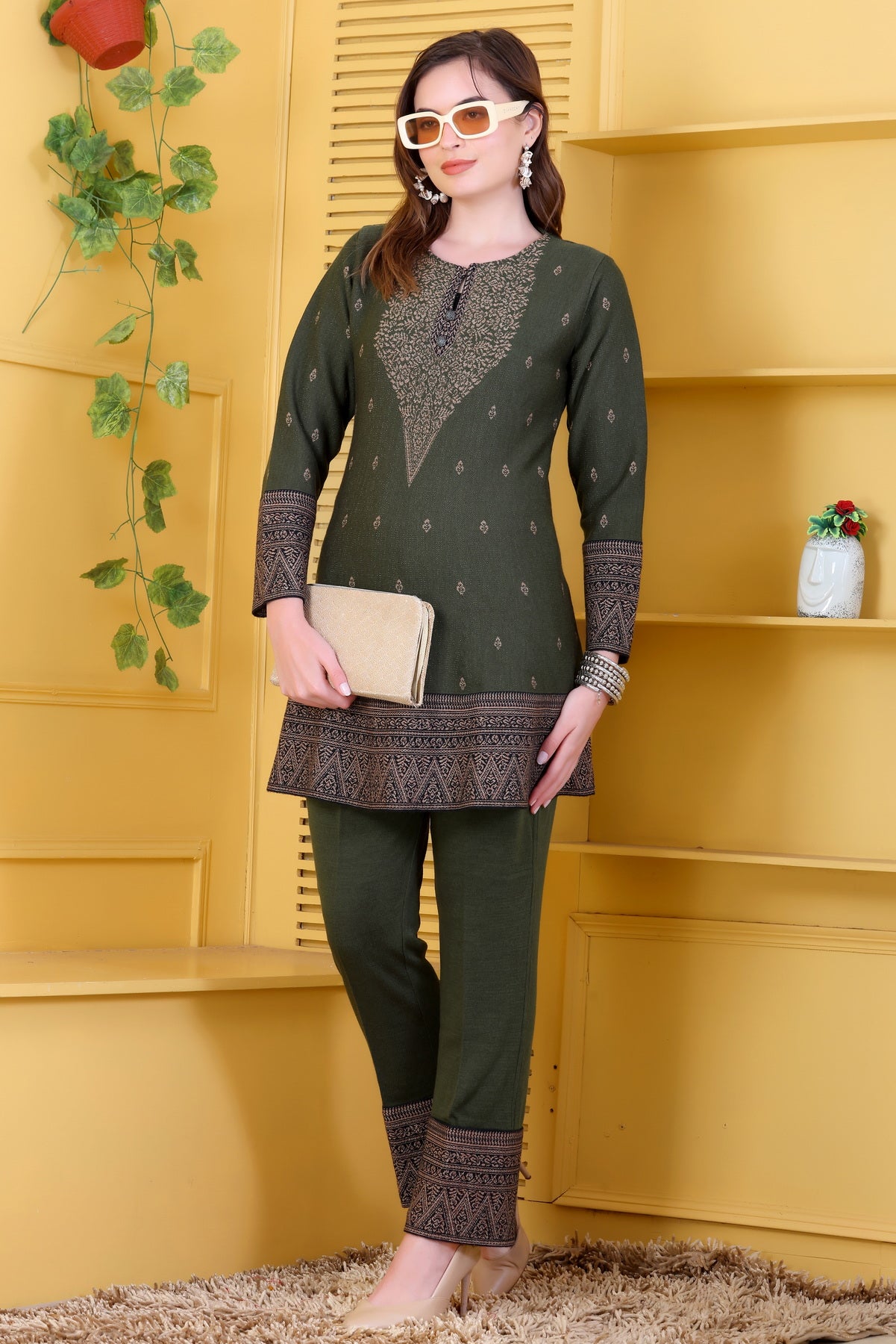 Chic Olive Green Knitted Woolen Winter Co-ord Set for Women | Embroidered Yoke Tunic & Border Trousers