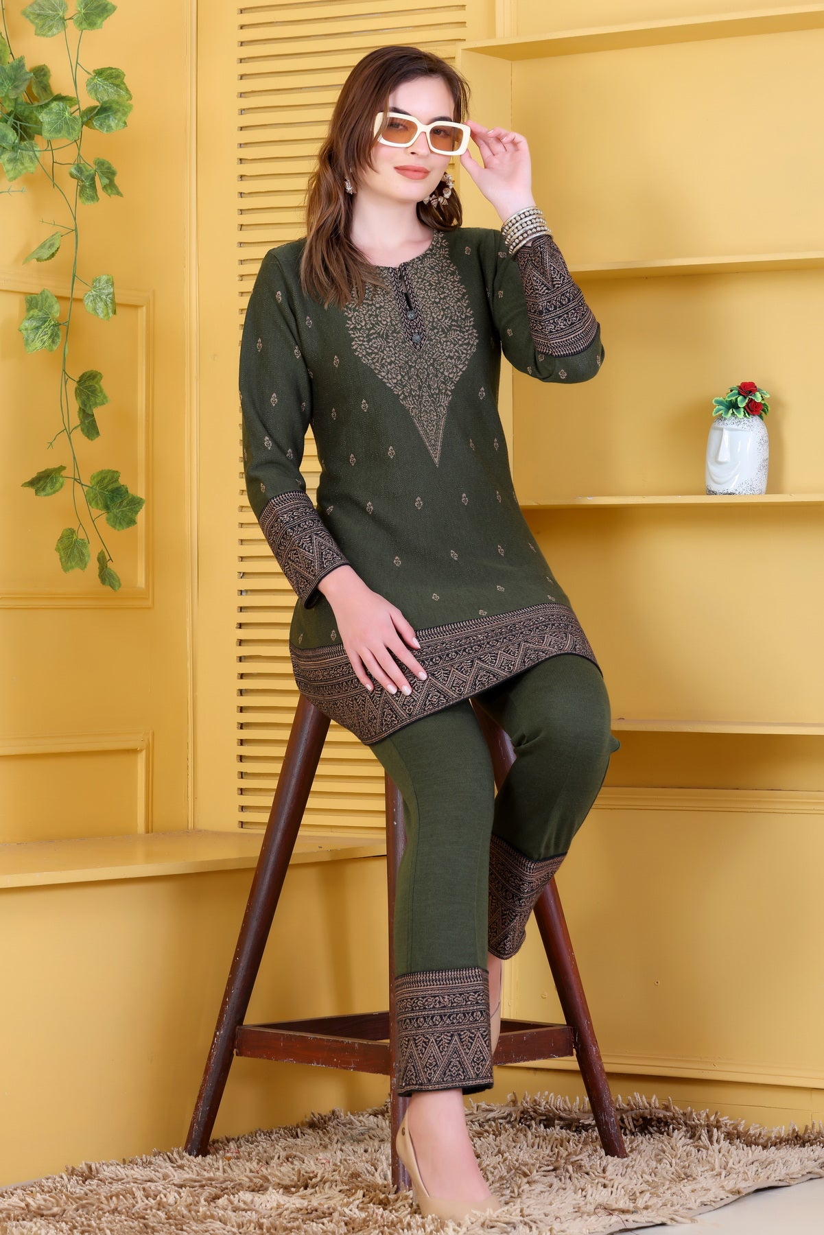 Chic Olive Green Knitted Woolen Winter Co-ord Set for Women | Embroidered Yoke Tunic & Border Trousers