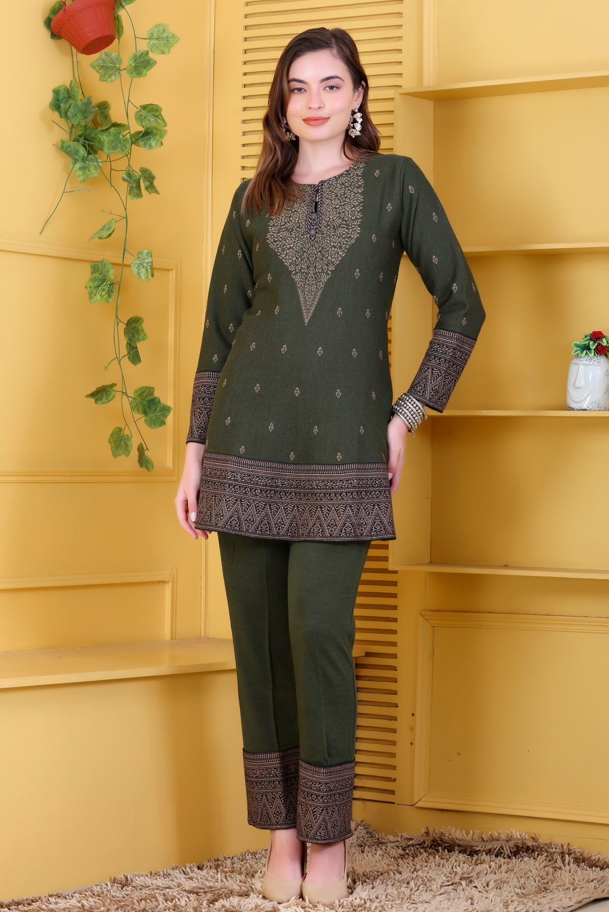 Chic Olive Green Knitted Woolen Winter Co-ord Set for Women | Embroidered Yoke Tunic & Border Trousers