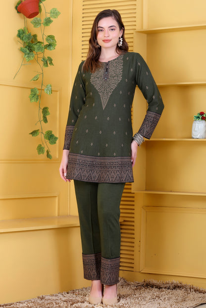 Chic Olive Green Knitted Woolen Winter Co-ord Set for Women | Embroidered Yoke Tunic & Border Trousers