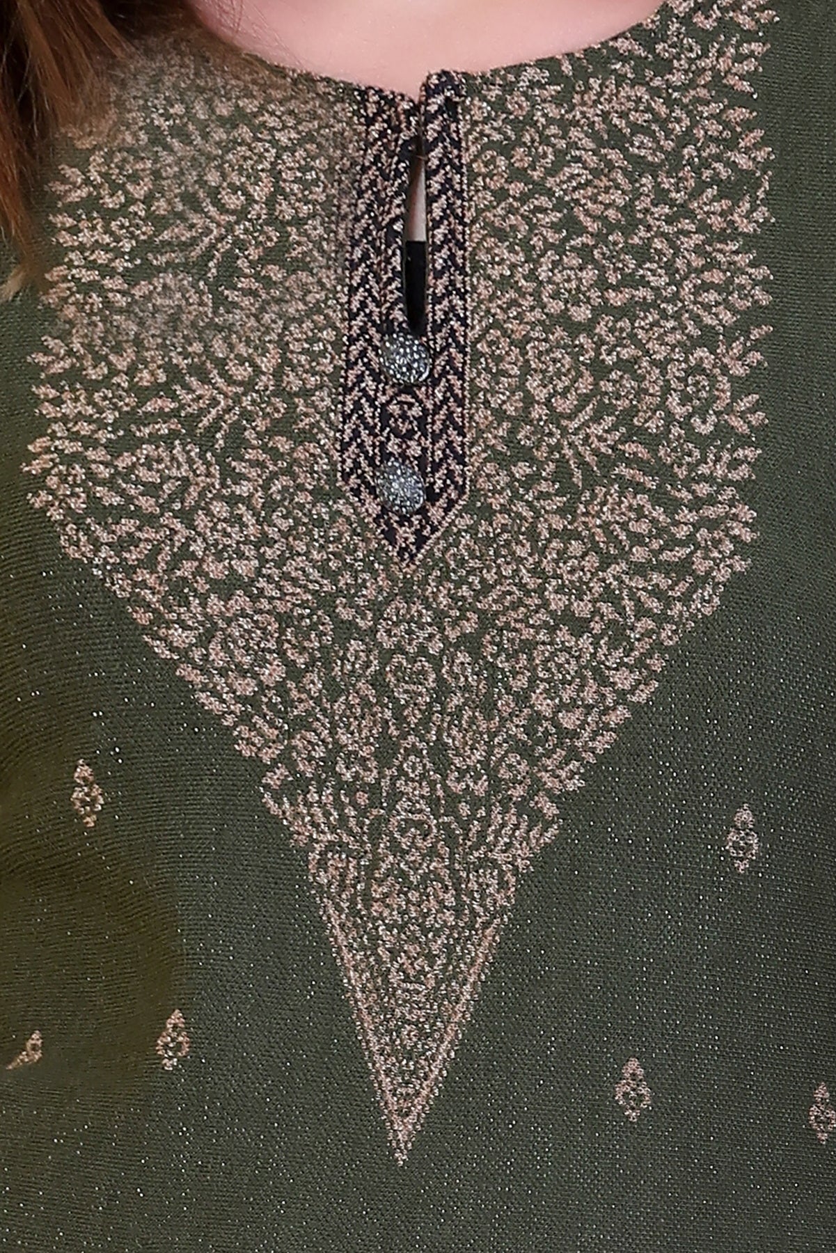 Chic Olive Green Knitted Woolen Winter Co-ord Set for Women | Embroidered Yoke Tunic & Border Trousers