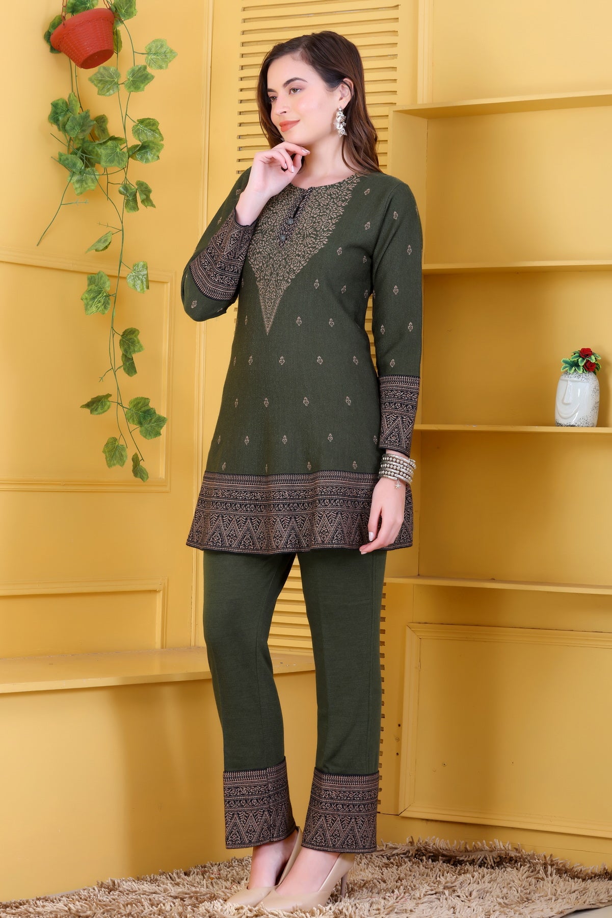 Chic Olive Green Knitted Woolen Winter Co-ord Set for Women | Embroidered Yoke Tunic & Border Trousers
