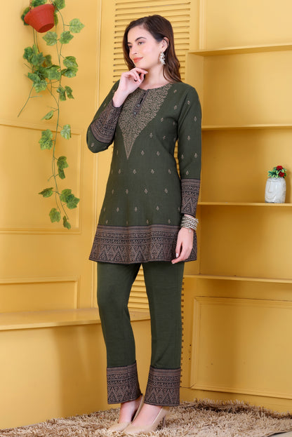 Chic Olive Green Knitted Woolen Winter Co-ord Set for Women | Embroidered Yoke Tunic & Border Trousers