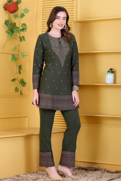 Chic Olive Green Knitted Woolen Winter Co-ord Set for Women | Embroidered Yoke Tunic & Border Trousers