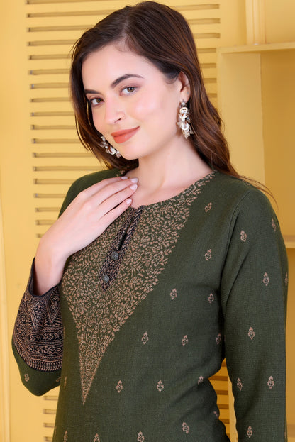 Chic Olive Green Knitted Woolen Winter Co-ord Set for Women | Embroidered Yoke Tunic & Border Trousers