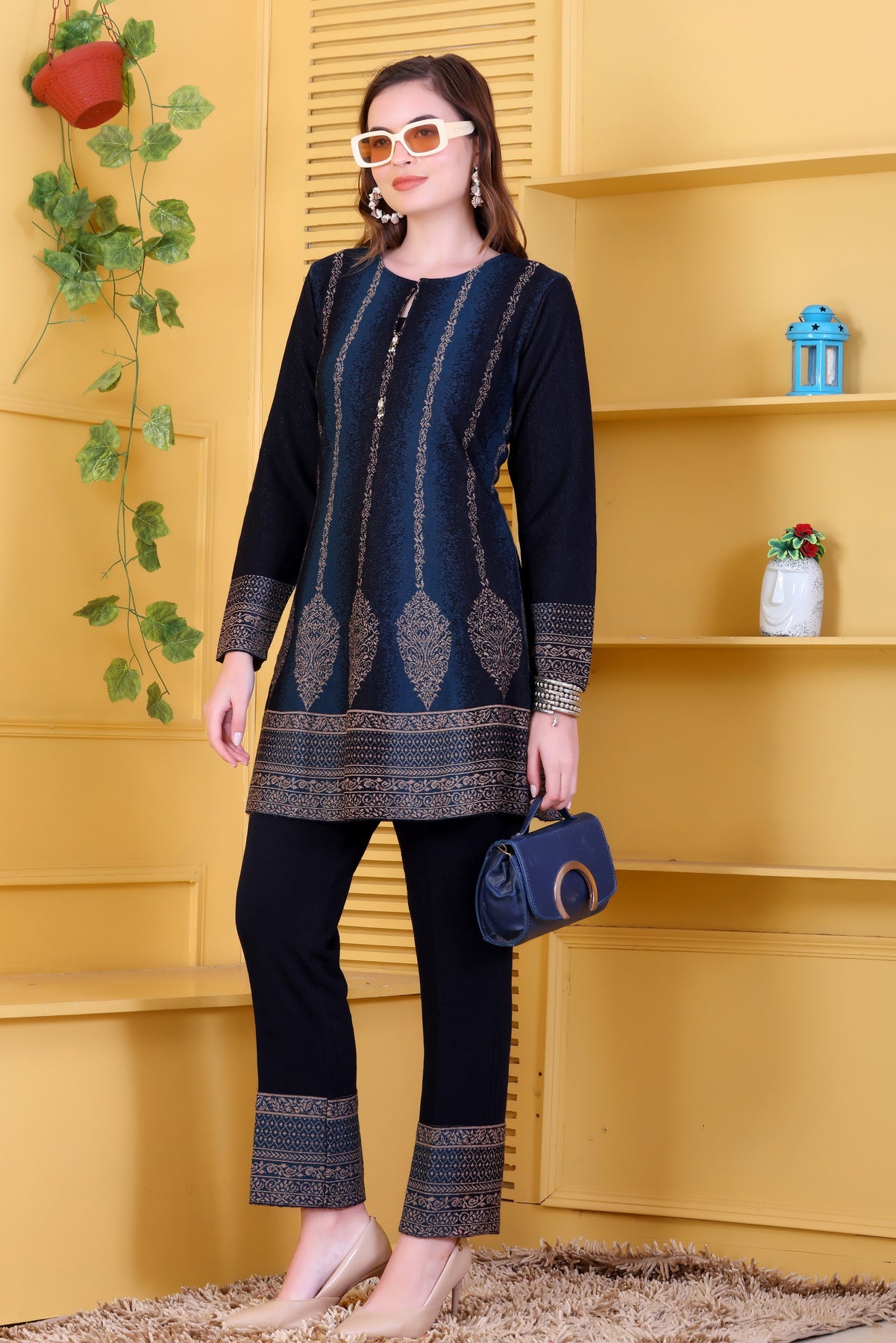 Peacock  Blue & Navy Knitted Woolen Winter Co-ord Set for Women | Vertical Metallic Stripe & Ornate Motif Design