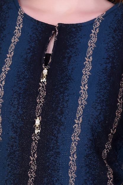 Peacock  Blue & Navy Knitted Woolen Winter Co-ord Set for Women | Vertical Metallic Stripe & Ornate Motif Design