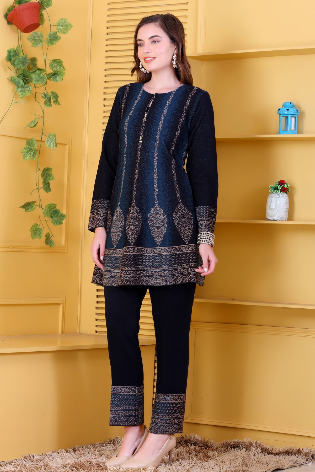 Peacock  Blue & Navy Knitted Woolen Winter Co-ord Set for Women | Vertical Metallic Stripe & Ornate Motif Design