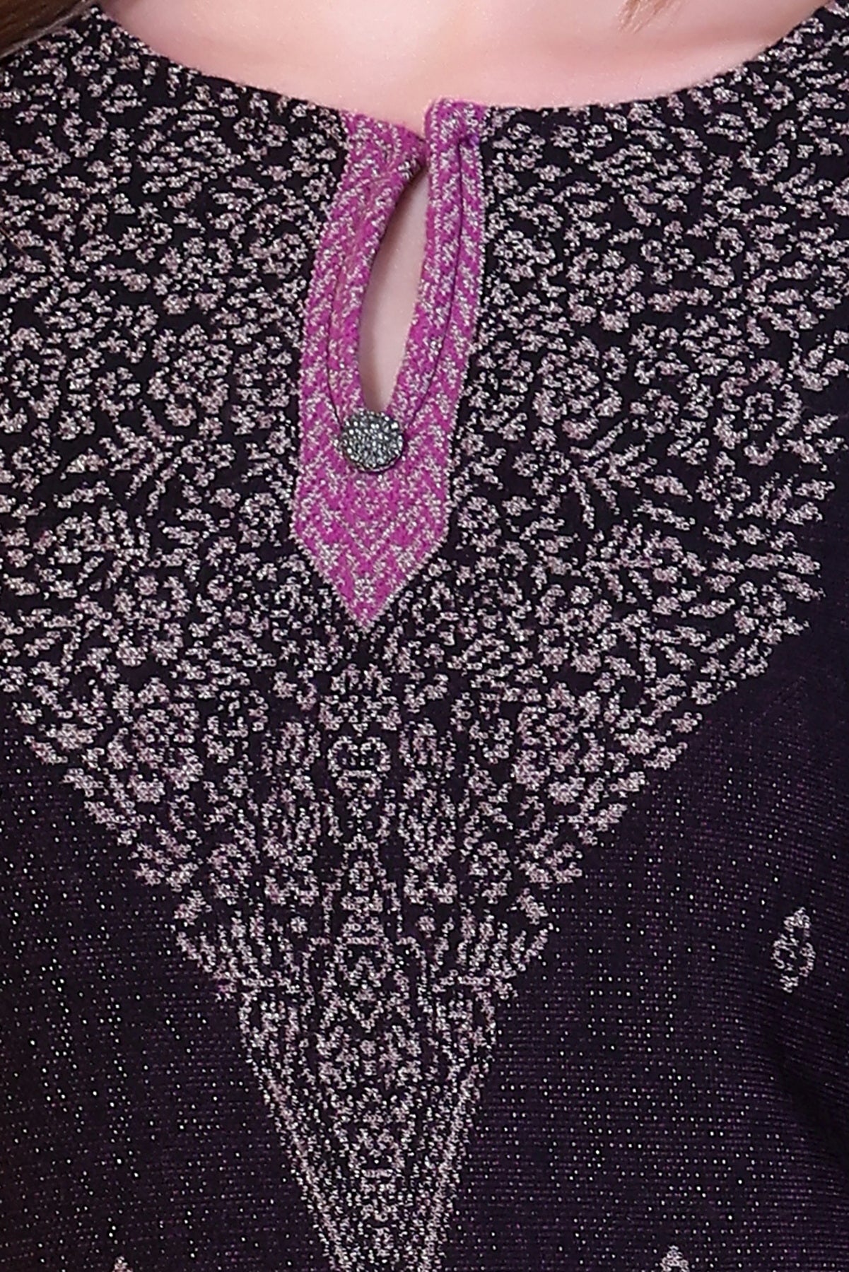 Bold Black & Magenta Knitted Woolen Winter Co-ord Set for Women | Intricate Yoke Tunic & Contrast Border Trousers