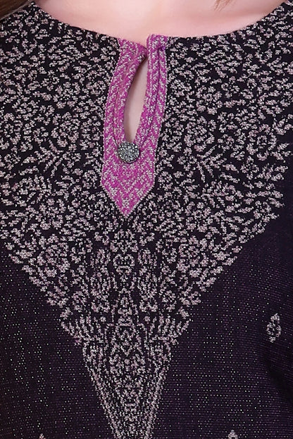 Bold Black & Magenta Knitted Woolen Winter Co-ord Set for Women | Intricate Yoke Tunic & Contrast Border Trousers