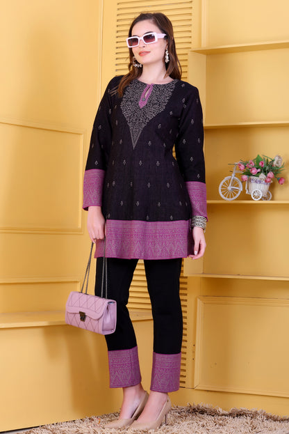 Bold Black & Magenta Knitted Woolen Winter Co-ord Set for Women | Intricate Yoke Tunic & Contrast Border Trousers