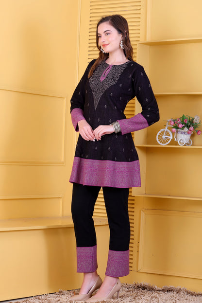 Bold Black & Magenta Knitted Woolen Winter Co-ord Set for Women | Intricate Yoke Tunic & Contrast Border Trousers
