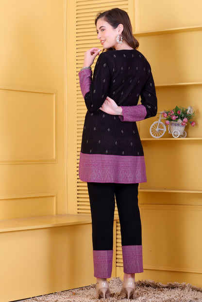 Bold Black & Magenta Knitted Woolen Winter Co-ord Set for Women | Intricate Yoke Tunic & Contrast Border Trousers