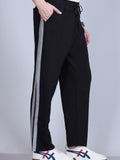 Black wide-leg cotton trackpants with dual side stripe