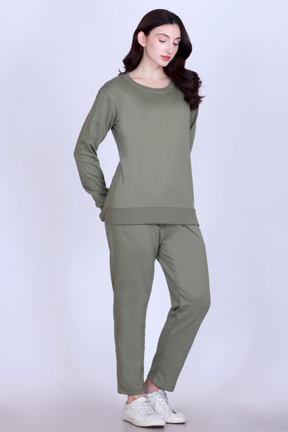 Women’s Cotton Fleece Co-Ord Set – Winter Wear-Olive