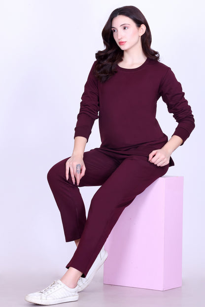 Women’s Cotton Fleece Co-Ord Set – Winter Wear-Wine