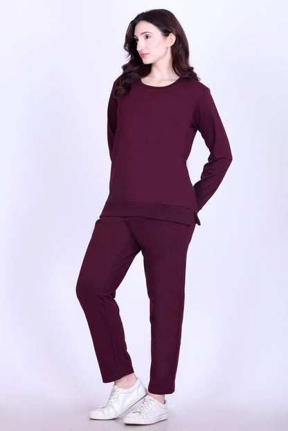 Women’s Cotton Fleece Co-Ord Set – Winter Wear-Wine