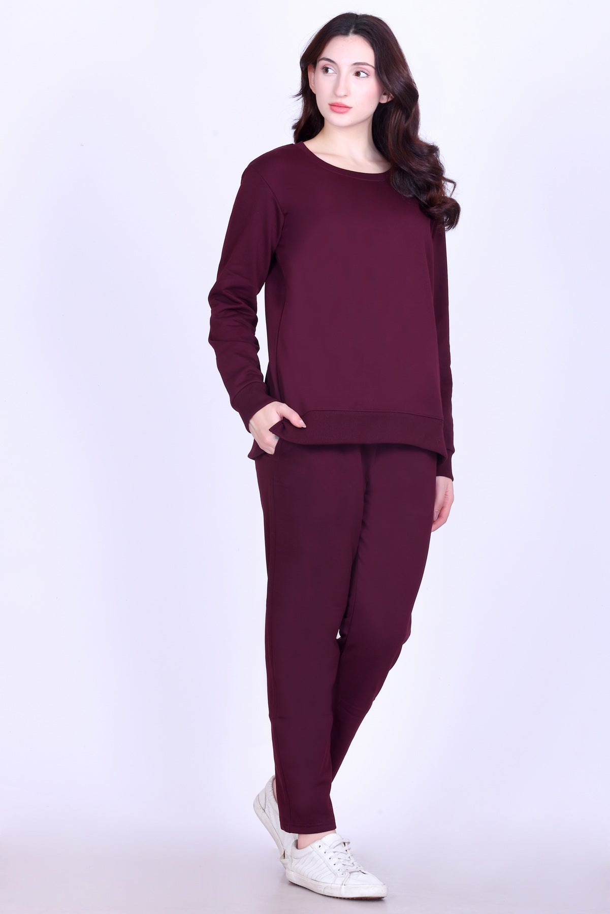 Women’s Cotton Fleece Co-Ord Set – Winter Wear-Wine