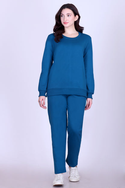 Women’s Cotton Fleece Co-Ord Set – Winter Wear-Teal Blue