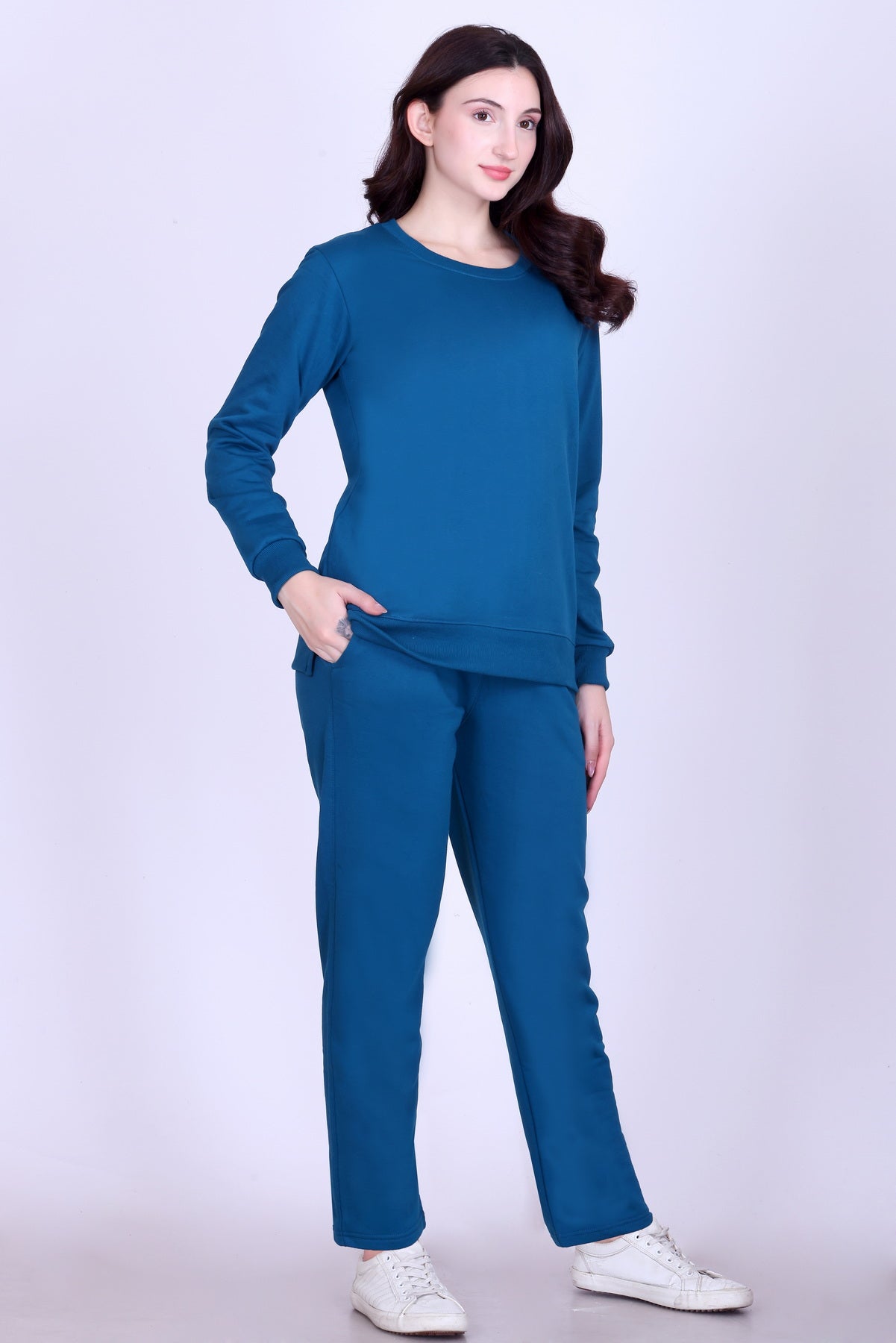 Women’s Cotton Fleece Co-Ord Set – Winter Wear-Teal Blue
