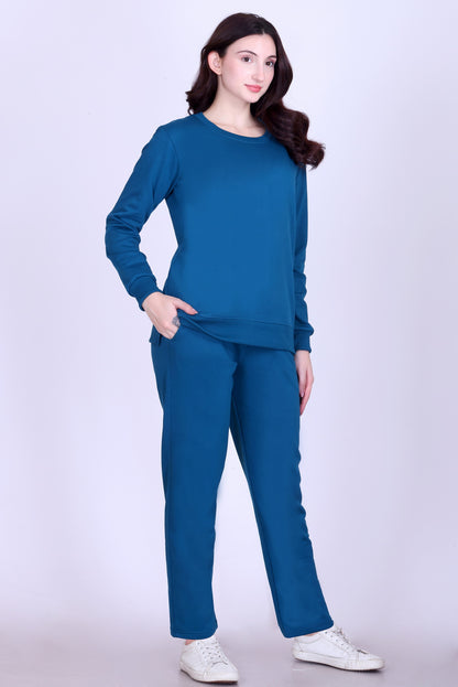Women’s Cotton Fleece Co-Ord Set – Winter Wear-Teal Blue
