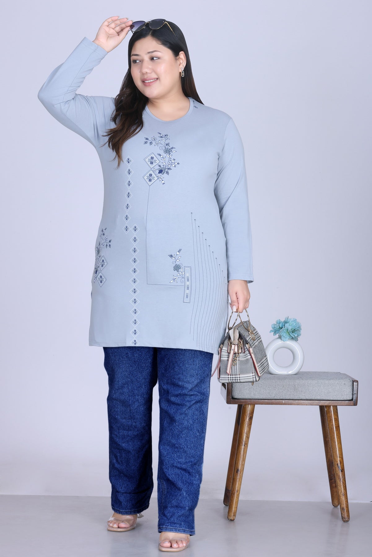 Cotton Long Top for Women - Full Sleeve -  Pastel Grey