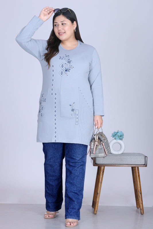 Cotton Long Top for Women - Full Sleeve -  Pastel Grey