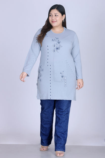 Cotton Long Top for Women - Full Sleeve -  Pastel Grey