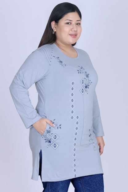 Cotton Long Top for Women - Full Sleeve -  Pastel Grey
