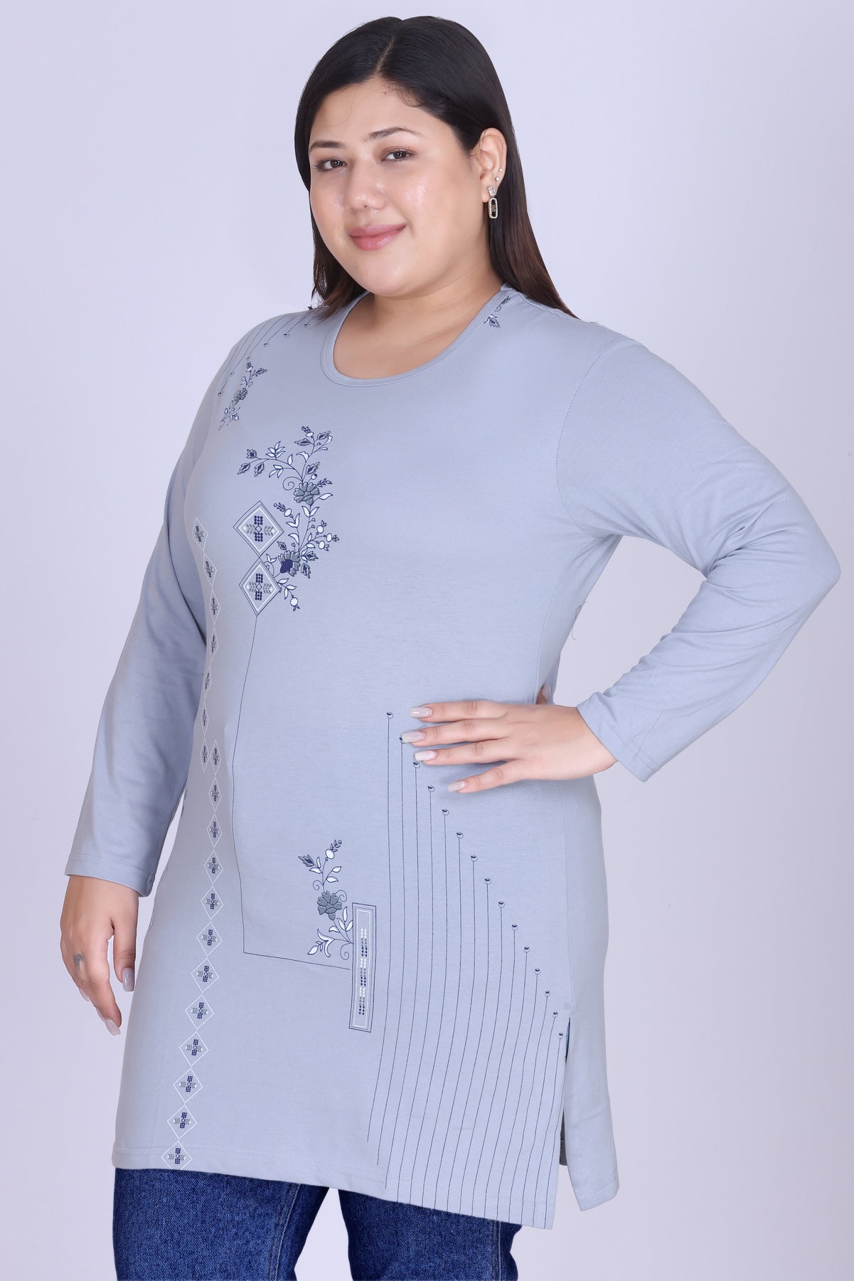 Cotton Long Top for Women - Full Sleeve -  Pastel Grey