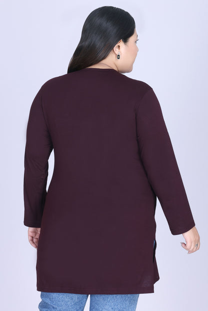Cotton Long Top for Women - Full Sleeve -  Wine
