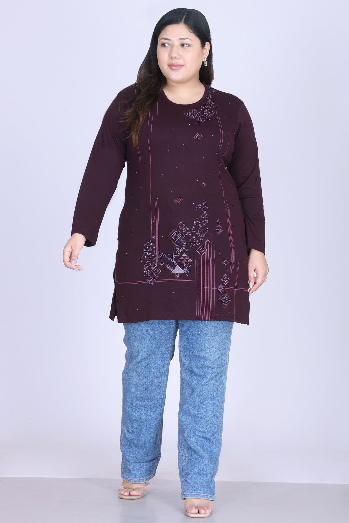 Cotton Long Top for Women - Full Sleeve -  Wine