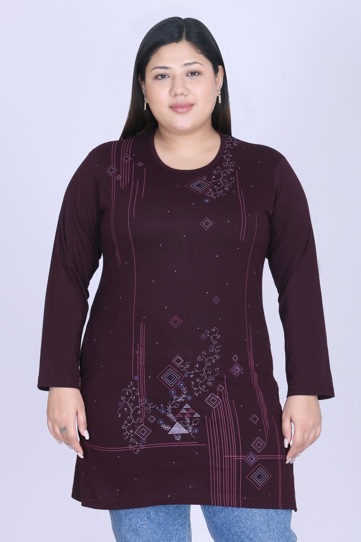 Cotton Long Top for Women - Full Sleeve -  Wine