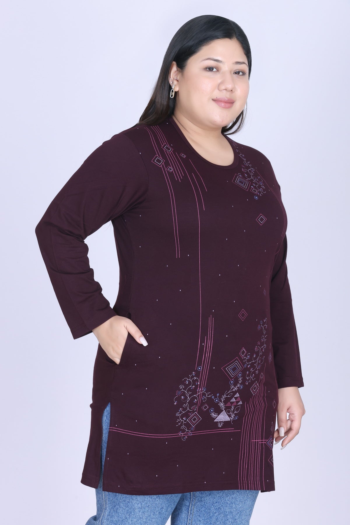 Cotton Long Top for Women - Full Sleeve -  Wine
