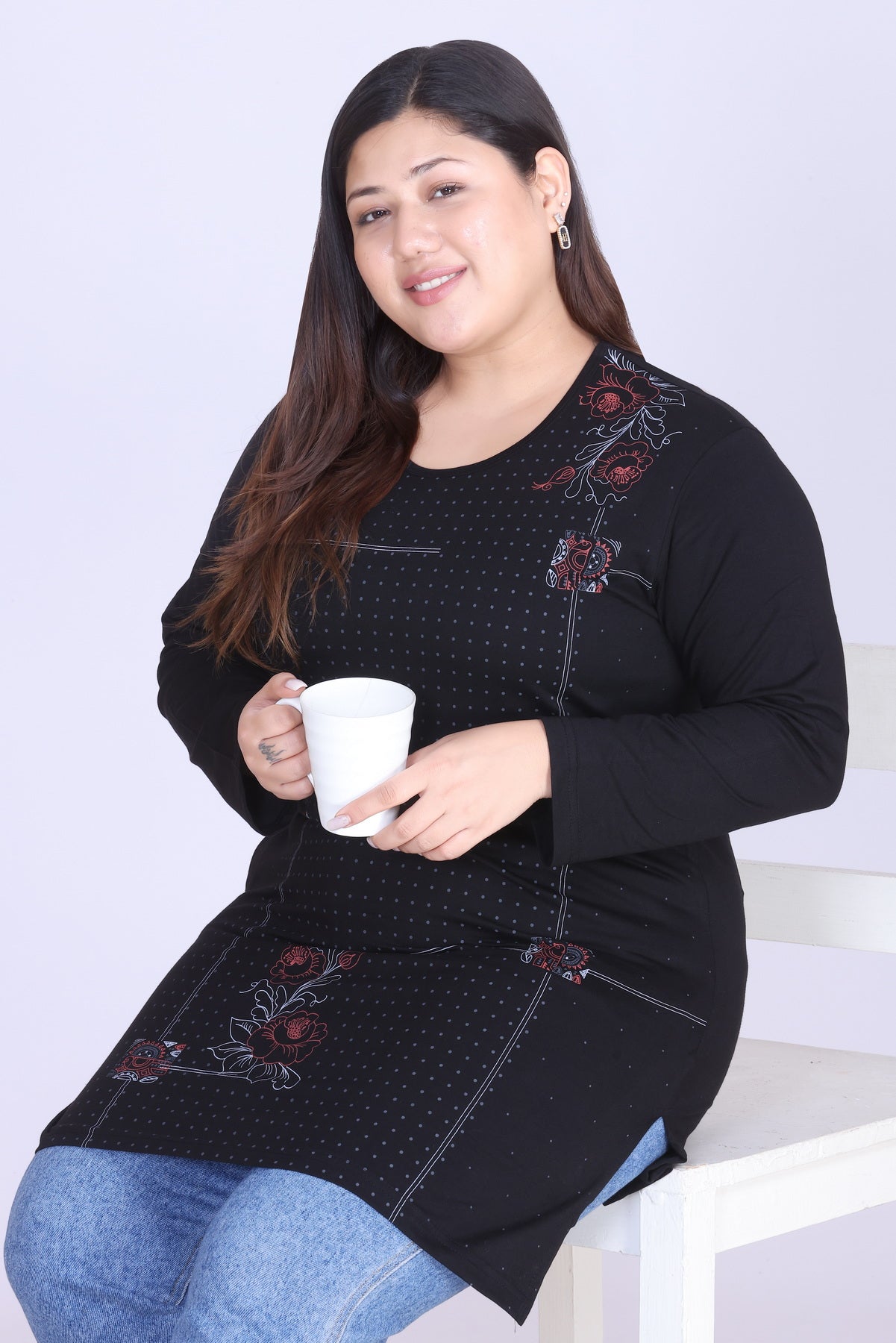 Cotton Long Top for Women - Full Sleeve -  Black