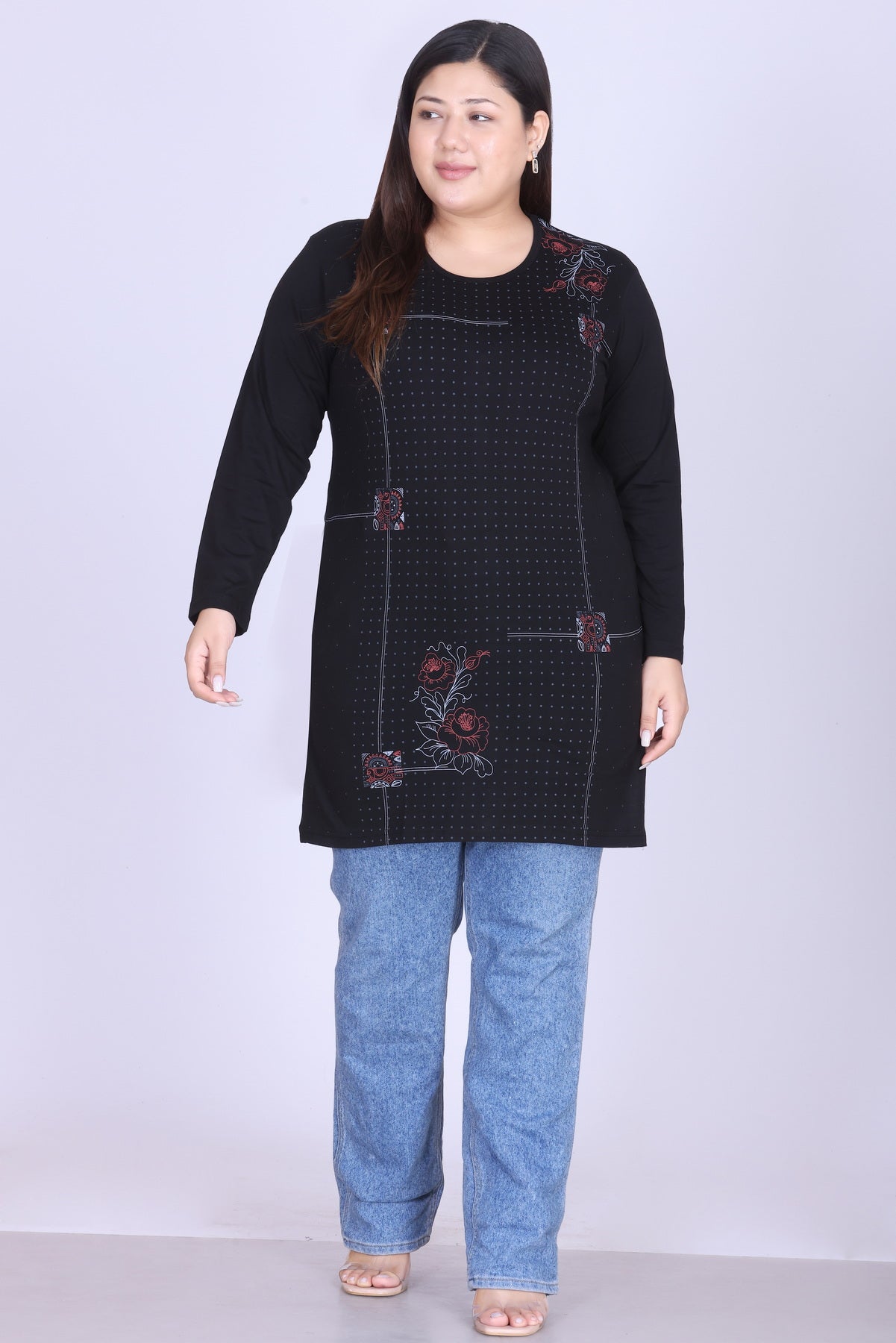 Cotton Long Top for Women - Full Sleeve -  Black