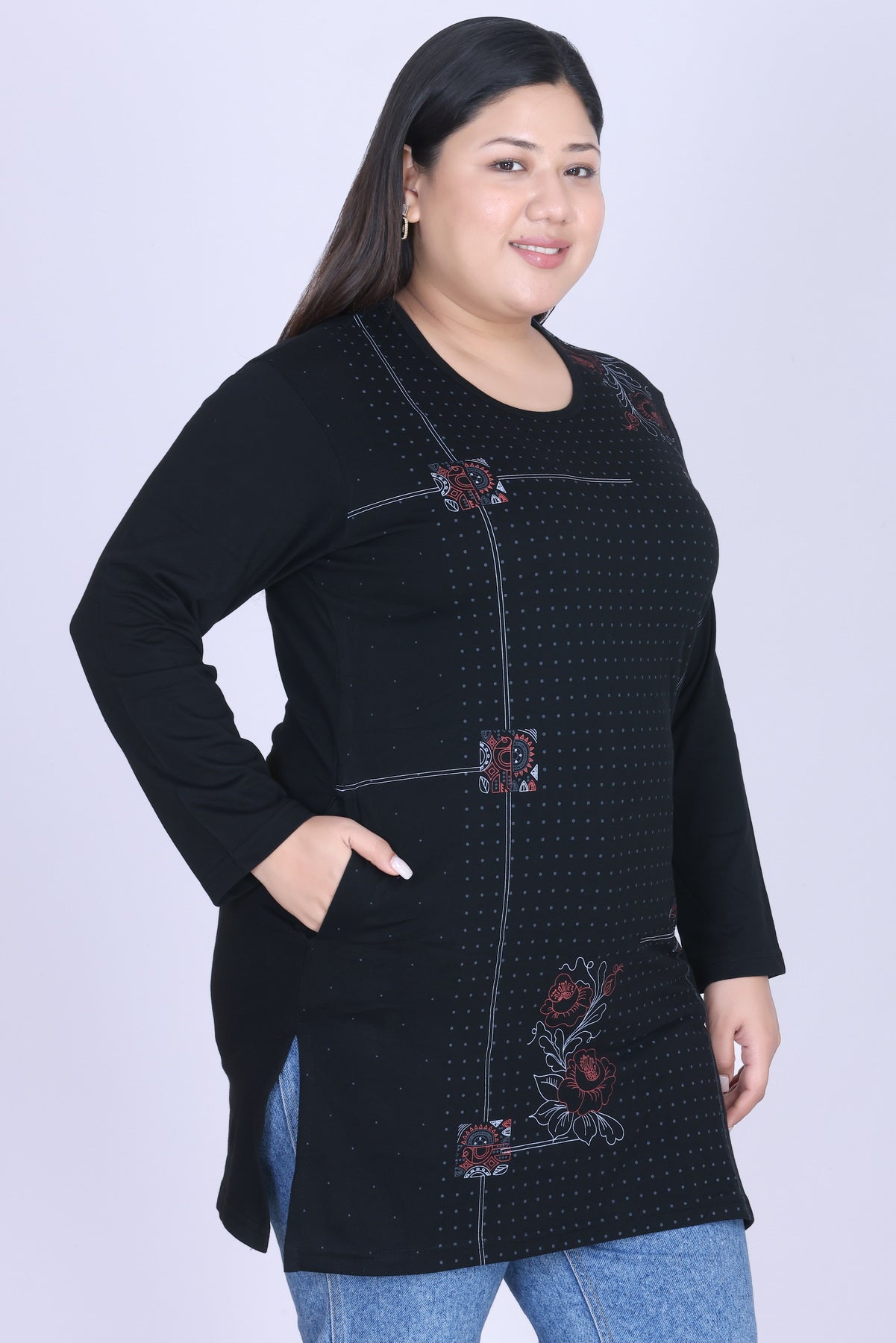 Cotton Long Top for Women - Full Sleeve -  Black