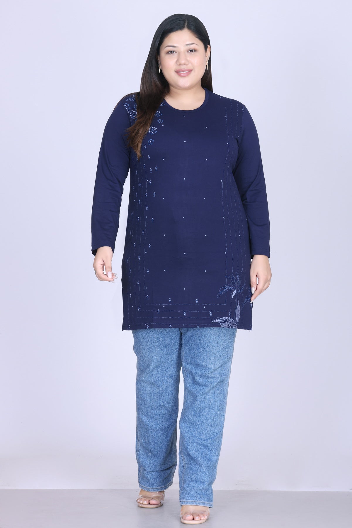 Cotton Long Top for Women - Full Sleeve - Navy Blue