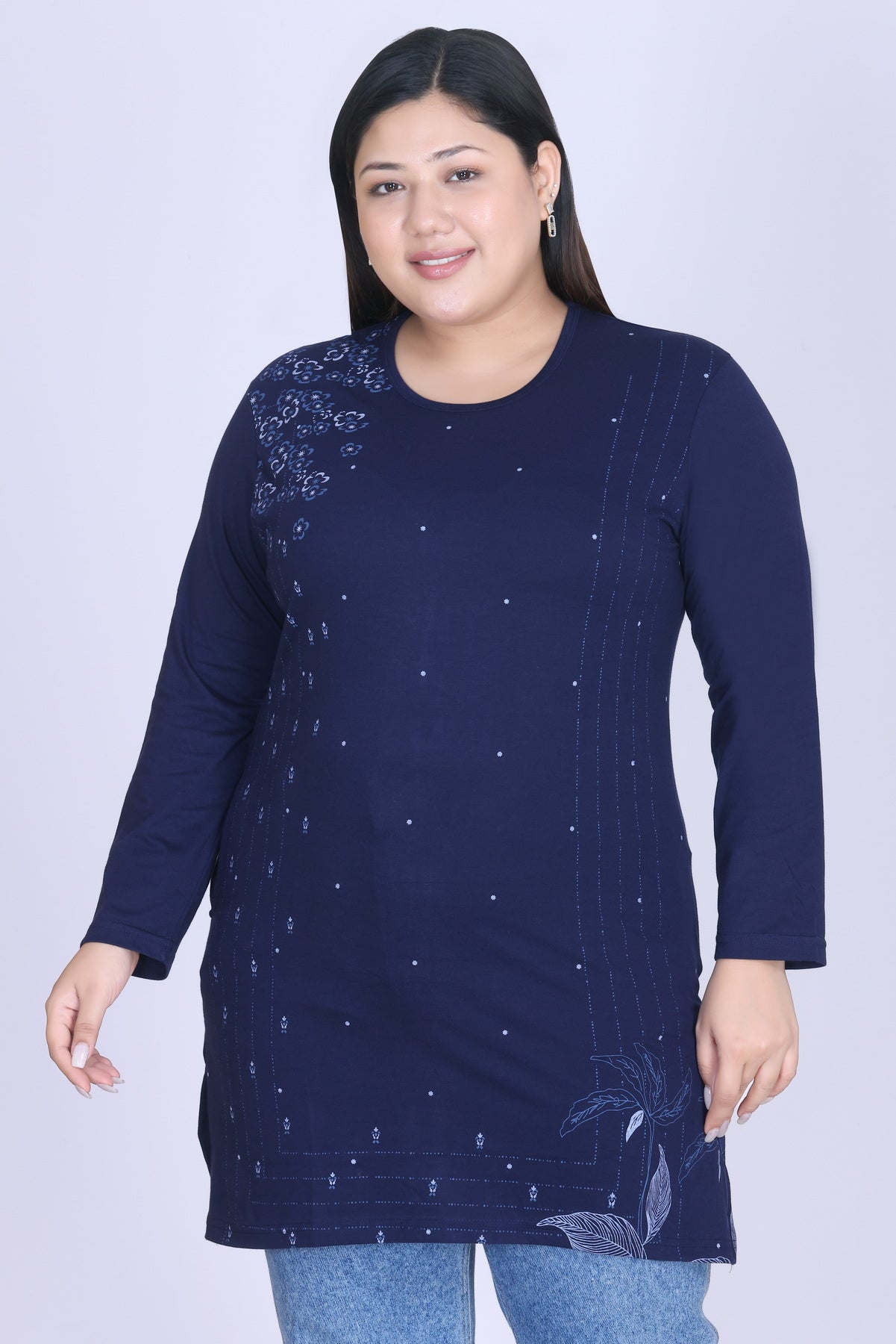 Cotton Long Top for Women - Full Sleeve - Navy Blue