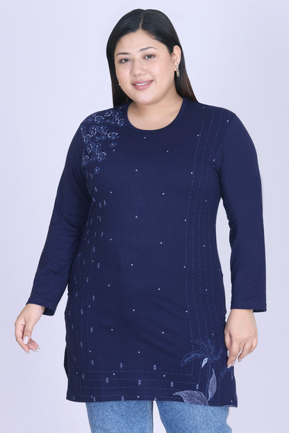 Cotton Long Top for Women - Full Sleeve - Navy Blue