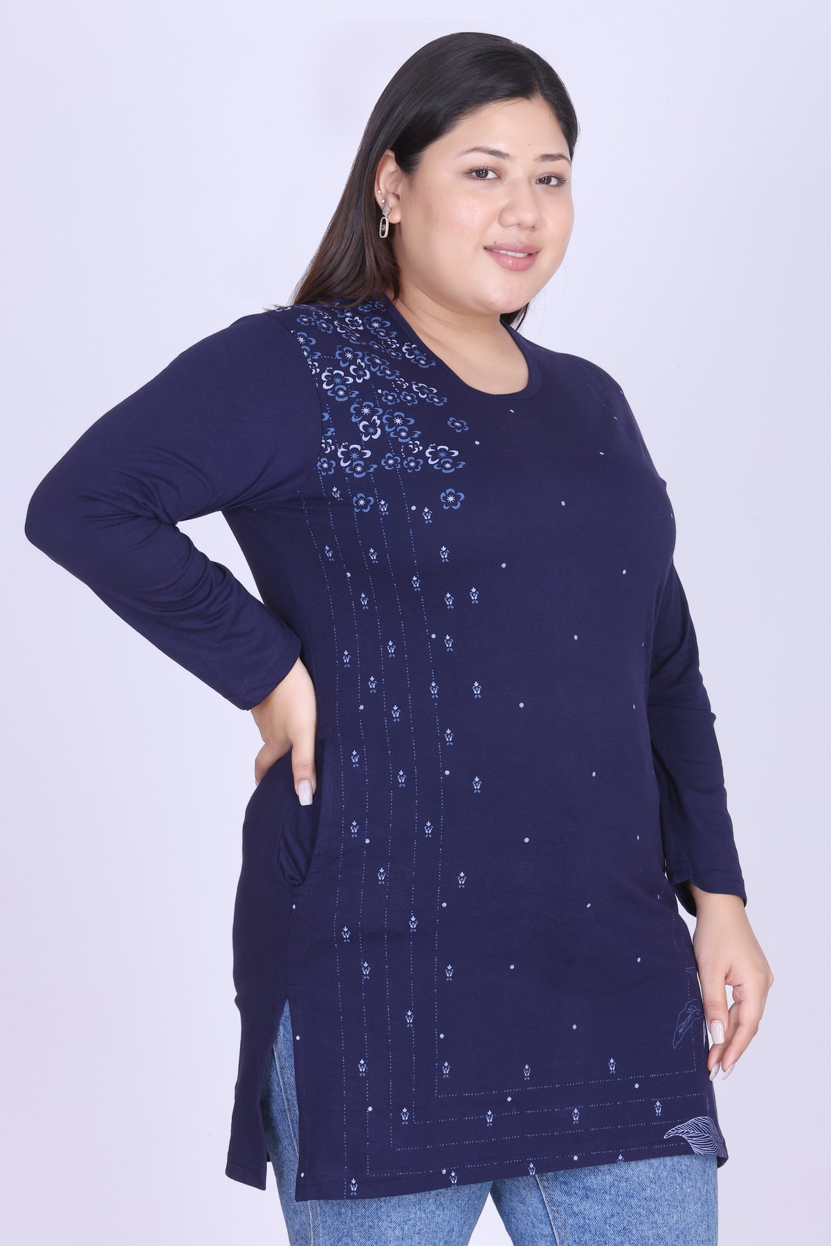 Cotton Long Top for Women - Full Sleeve - Navy Blue