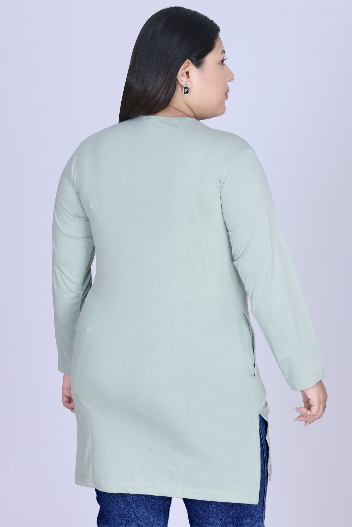 Cotton Long Top for Women - Full Sleeve -  Pistachio