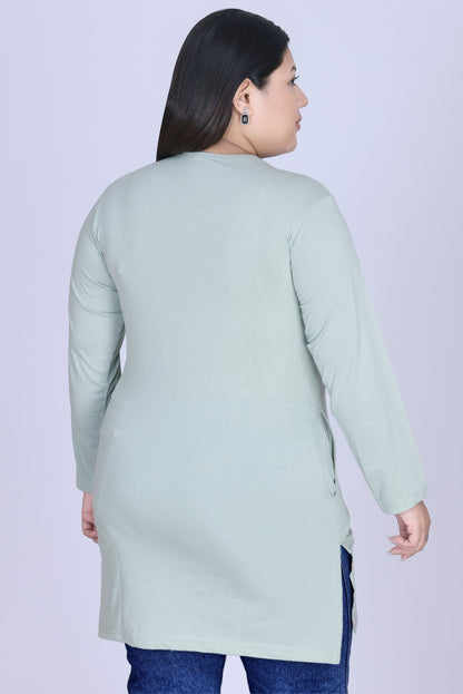 Cotton Long Top for Women - Full Sleeve -  Pistachio