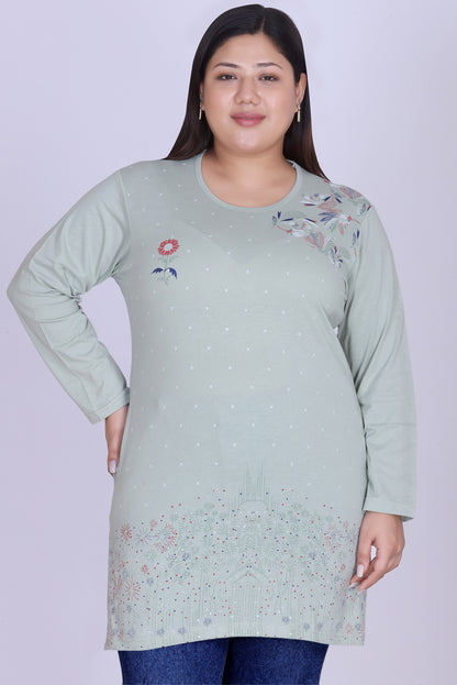Cotton Long Top for Women - Full Sleeve -  Pistachio