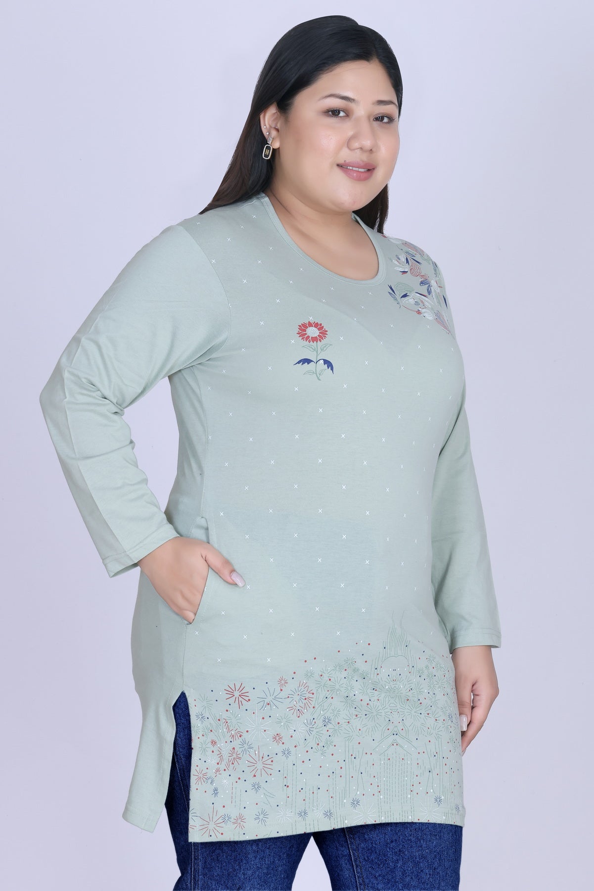 Cotton Long Top for Women - Full Sleeve -  Pistachio