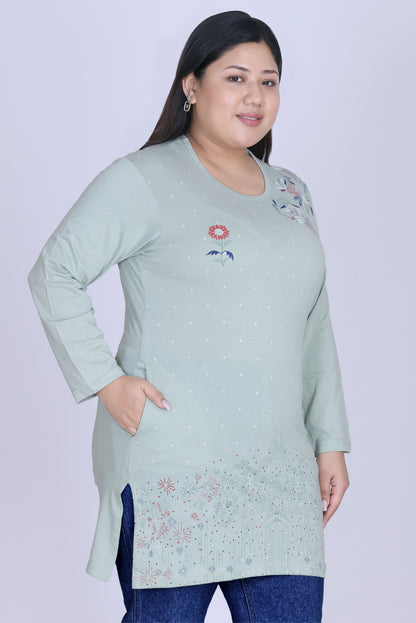 Cotton Long Top for Women - Full Sleeve -  Pistachio