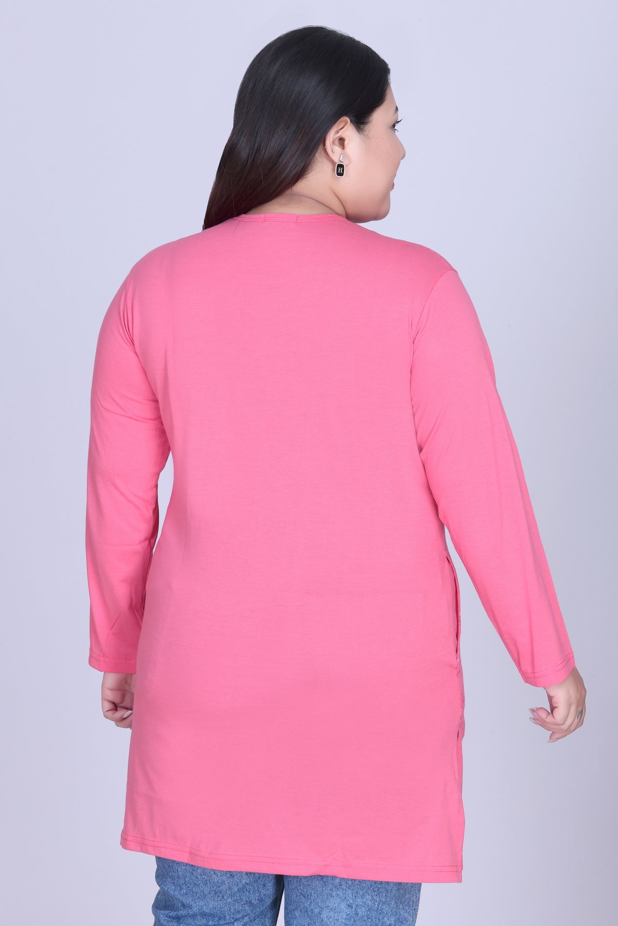 Cotton Long Top for Women - Full Sleeve -  Flame Pink
