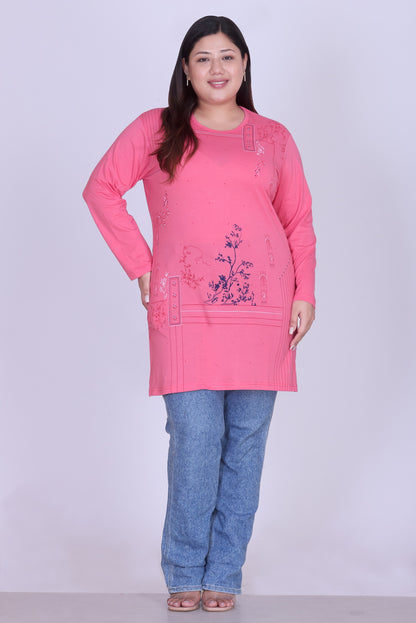 Cotton Long Top for Women - Full Sleeve -  Flame Pink