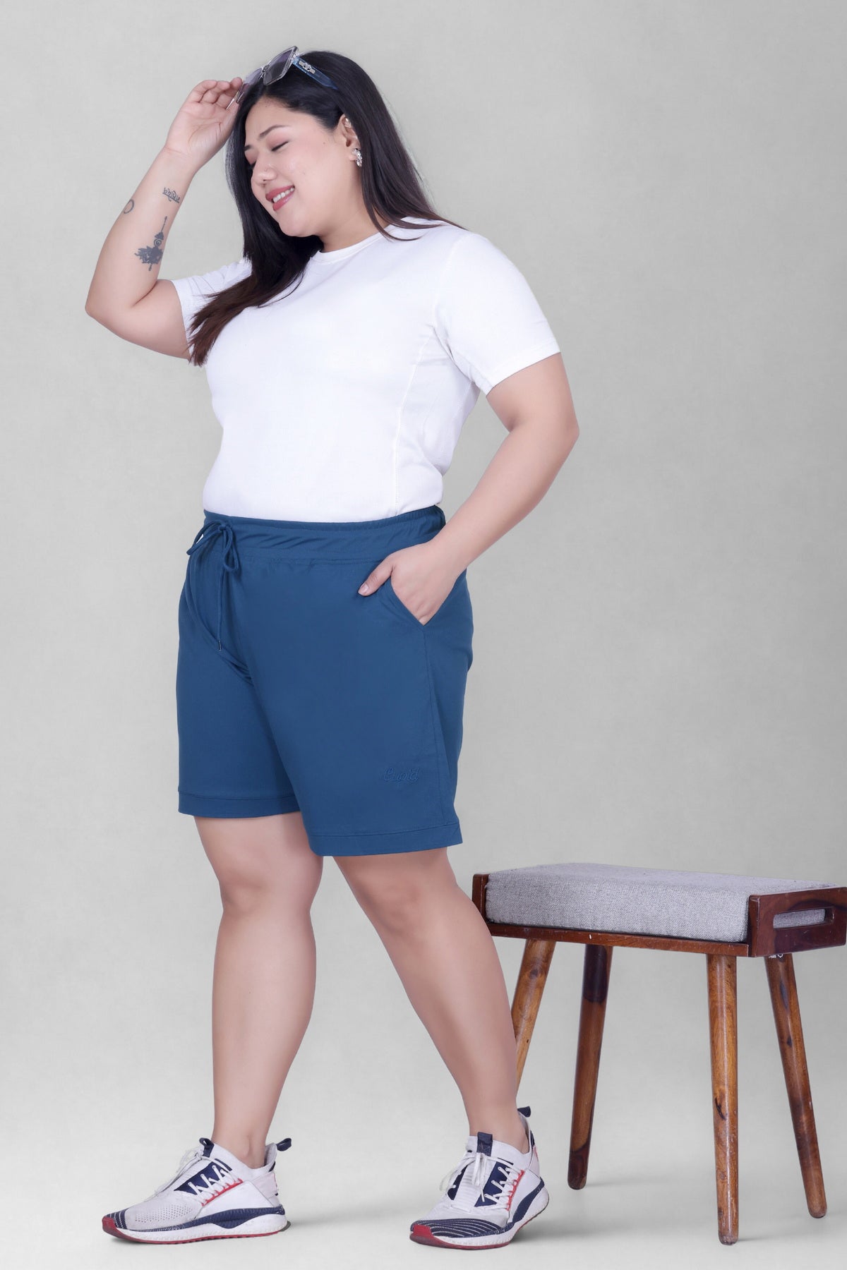 Plus Size Cotton Shorts For Women - Plain Bermuda Combo (Mocha/Blue)