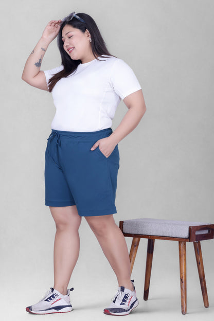 Plus Size Cotton Shorts For Women - Plain Bermuda Combo (Mocha/Blue)